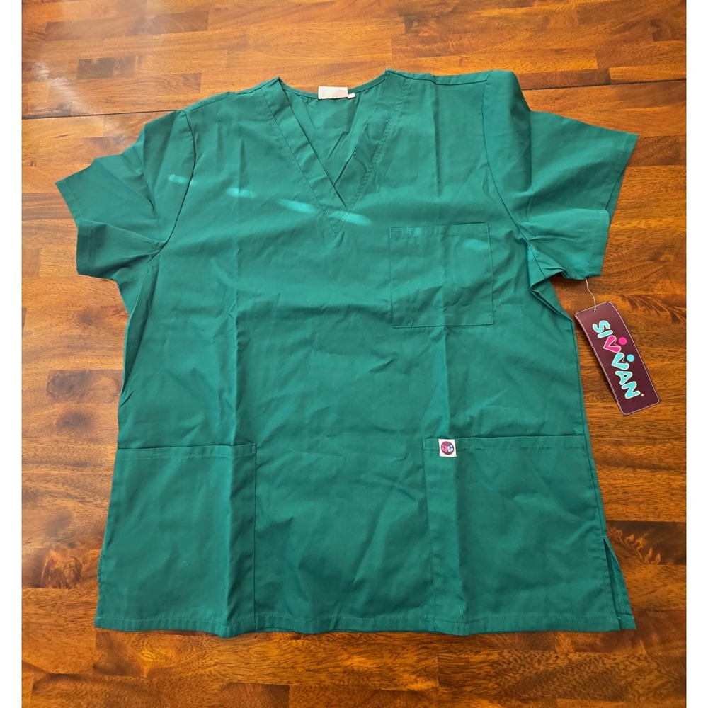SIVVAN Unisex V-Neck Scrub Top Short Sleeve Hunter Green Solid XL 081